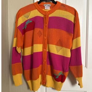 Vintage Micha Denmark Cardigan - Striped Fruit Apple Patch Sweater Sz S (US 4/6)